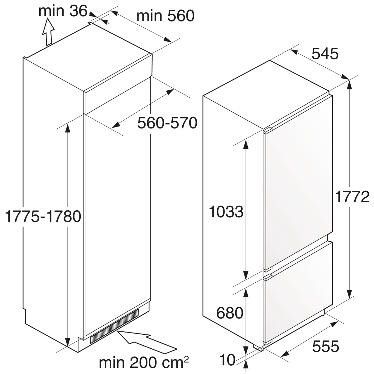 размеры двухкамерных холодильников 